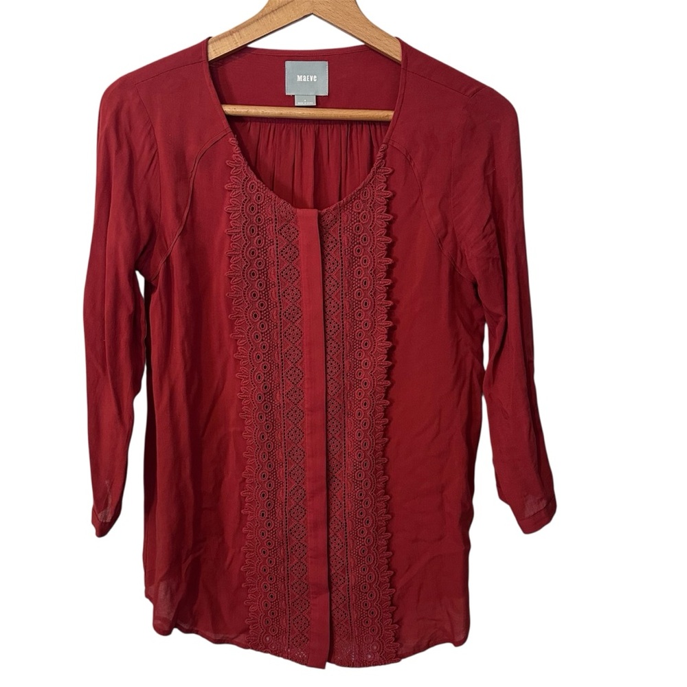 Maeve Anthropologie Rust Lace Trim Blouse Size 4 Boho Button Front Rayon Top
